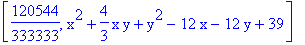 [120544/333333, x^2+4/3*x*y+y^2-12*x-12*y+39]